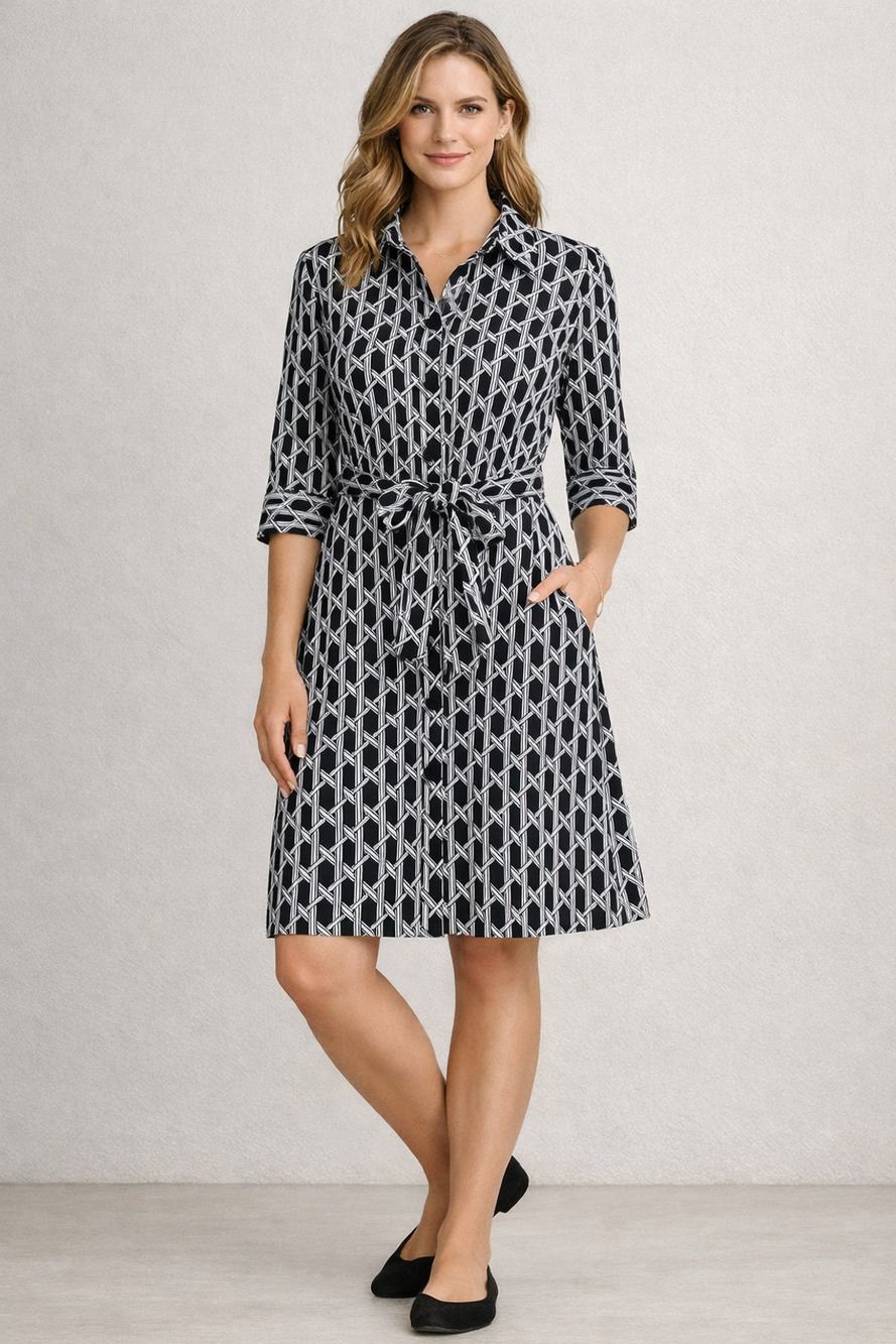 Laundry Shelli Segal Shirt Dress Button Front Silky Black White Geometric Sz 10